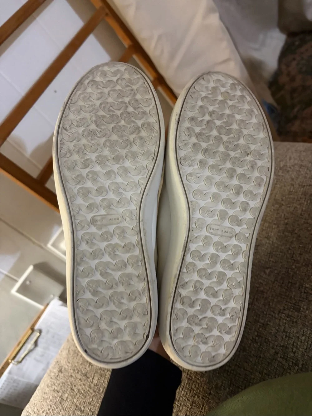 Tory Burch Cream Leather Perforated Logo Sneakers with Navy Heel